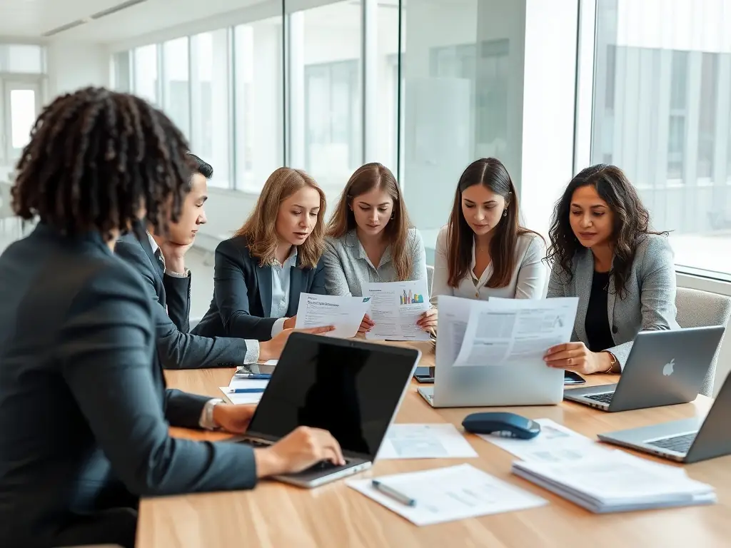 A professional team collaboratively reviewing compliance documents and risk assessment reports in a well-lit, modern office setting, symbolizing RedOps Cyber Intelligence's GRC solutions.