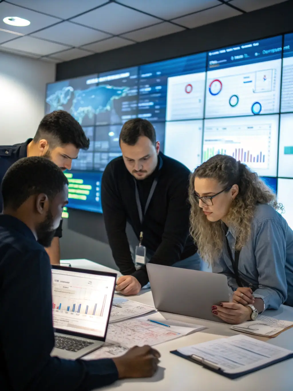 An image depicting a team conducting a risk assessment meeting with charts and compliance documents, showcasing Red Ops Cyber Intelligence's GRC solutions.