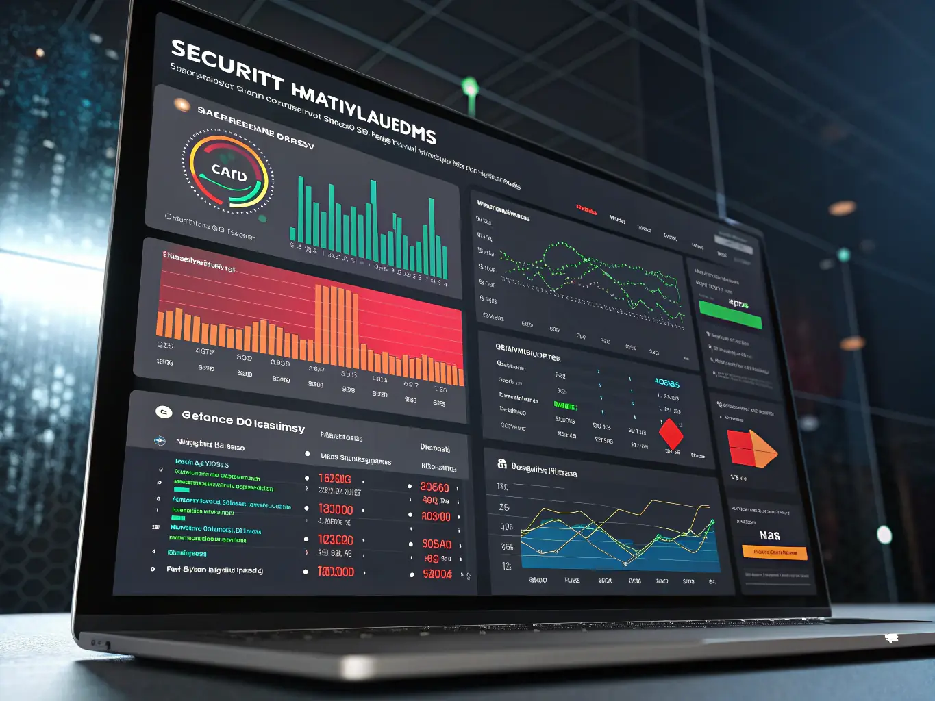 An image depicting a digital dashboard displaying risk assessment metrics and compliance status, representing RedOps Cyber Intelligence's risk management capabilities.